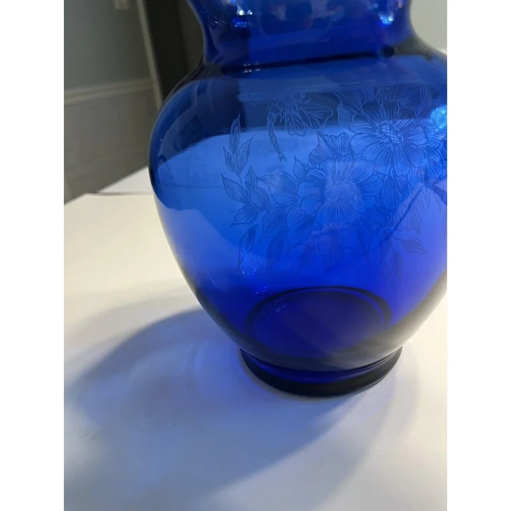 Hand Painted Floral Dragonfly Blue Glass Vase Artist Signed S Conrad